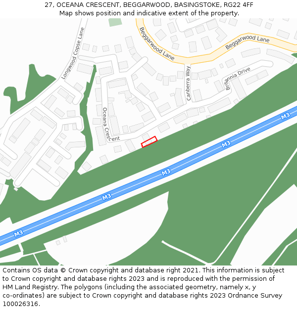 27, OCEANA CRESCENT, BEGGARWOOD, BASINGSTOKE, RG22 4FF: Location map and indicative extent of plot