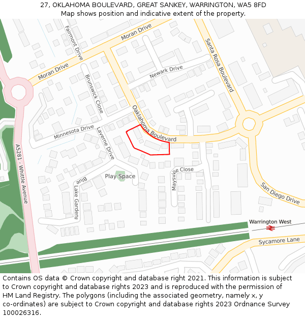 27, OKLAHOMA BOULEVARD, GREAT SANKEY, WARRINGTON, WA5 8FD: Location map and indicative extent of plot