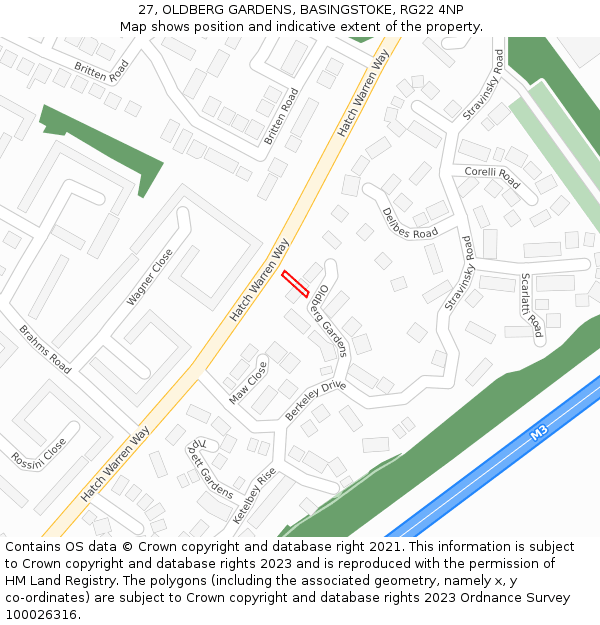 27, OLDBERG GARDENS, BASINGSTOKE, RG22 4NP: Location map and indicative extent of plot