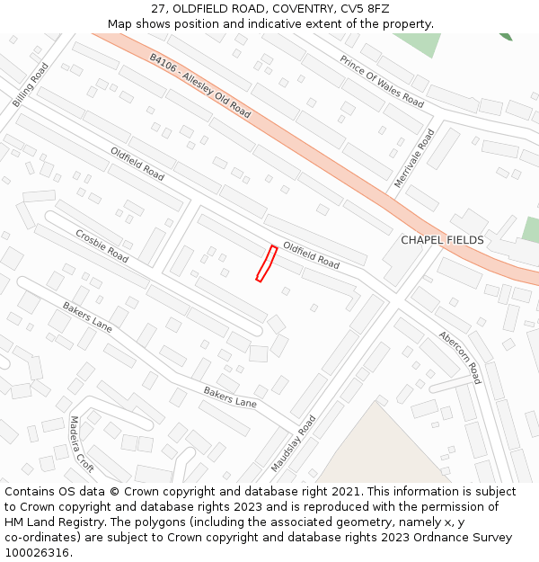 27, OLDFIELD ROAD, COVENTRY, CV5 8FZ: Location map and indicative extent of plot