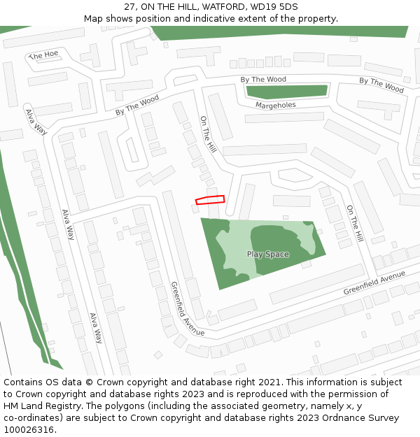 27, ON THE HILL, WATFORD, WD19 5DS: Location map and indicative extent of plot