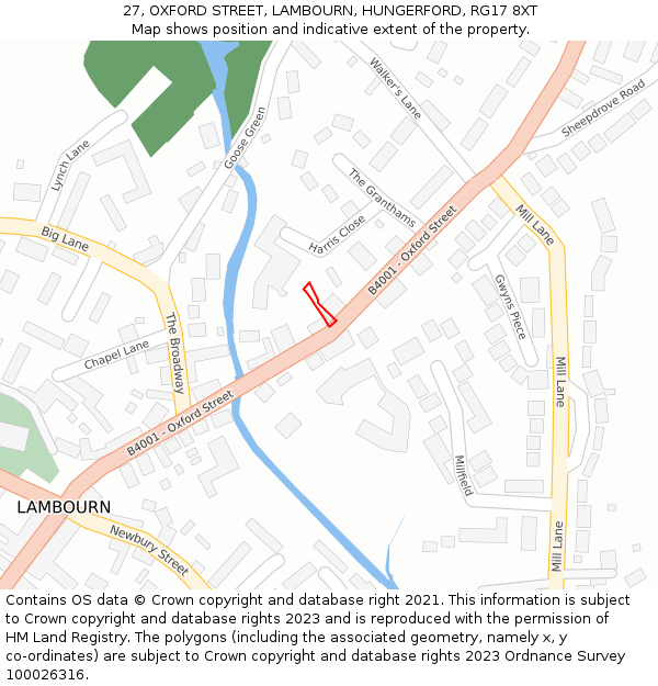 27, OXFORD STREET, LAMBOURN, HUNGERFORD, RG17 8XT: Location map and indicative extent of plot