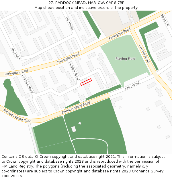 27, PADDOCK MEAD, HARLOW, CM18 7RP: Location map and indicative extent of plot