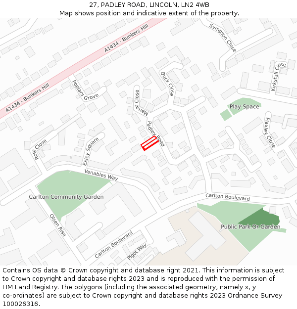 27, PADLEY ROAD, LINCOLN, LN2 4WB: Location map and indicative extent of plot