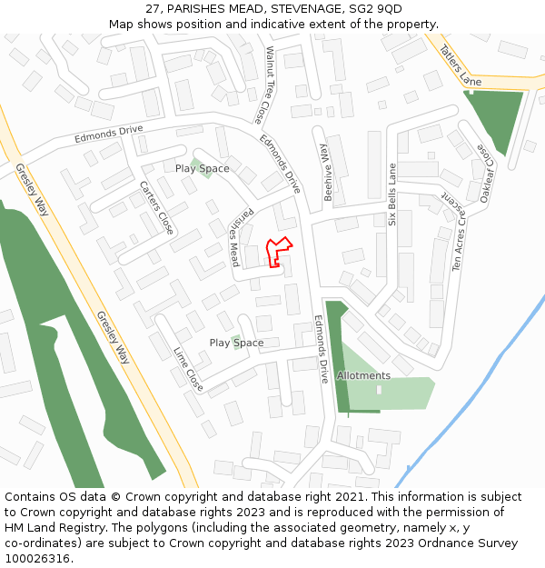 27, PARISHES MEAD, STEVENAGE, SG2 9QD: Location map and indicative extent of plot