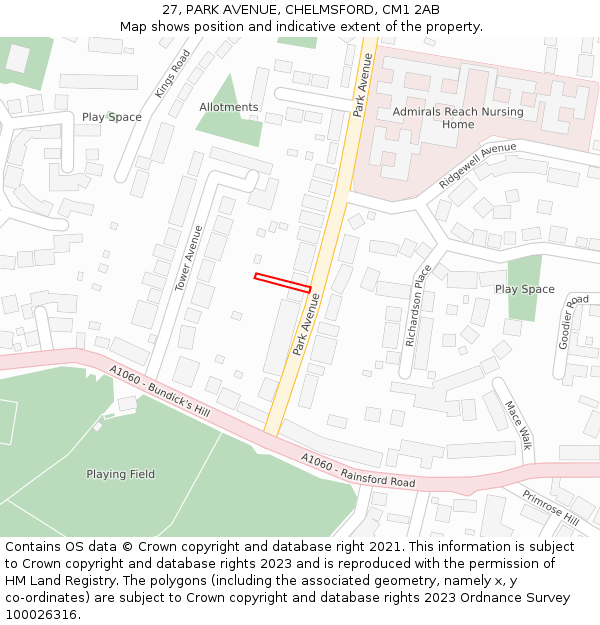 27, PARK AVENUE, CHELMSFORD, CM1 2AB: Location map and indicative extent of plot