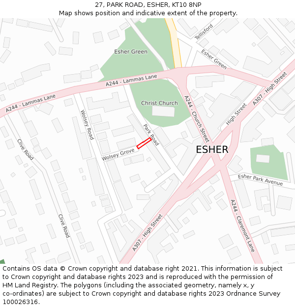 27, PARK ROAD, ESHER, KT10 8NP: Location map and indicative extent of plot