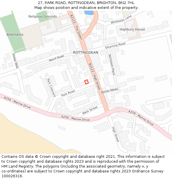 27, PARK ROAD, ROTTINGDEAN, BRIGHTON, BN2 7HL: Location map and indicative extent of plot