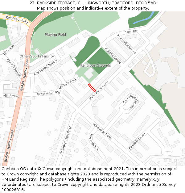 27, PARKSIDE TERRACE, CULLINGWORTH, BRADFORD, BD13 5AD: Location map and indicative extent of plot