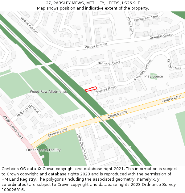 27, PARSLEY MEWS, METHLEY, LEEDS, LS26 9LF: Location map and indicative extent of plot