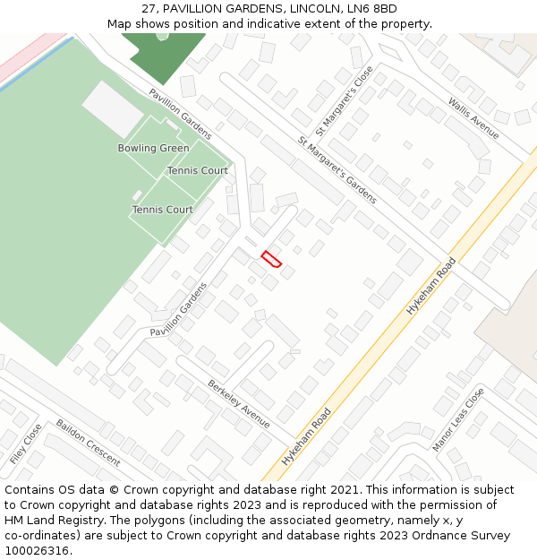 27, PAVILLION GARDENS, LINCOLN, LN6 8BD: Location map and indicative extent of plot