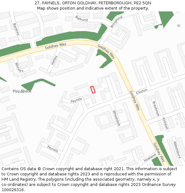 27, PAYNELS, ORTON GOLDHAY, PETERBOROUGH, PE2 5QN: Location map and indicative extent of plot
