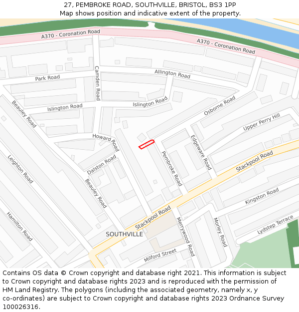27, PEMBROKE ROAD, SOUTHVILLE, BRISTOL, BS3 1PP: Location map and indicative extent of plot
