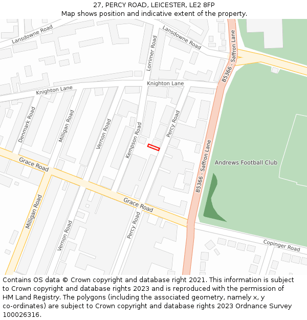 27, PERCY ROAD, LEICESTER, LE2 8FP: Location map and indicative extent of plot