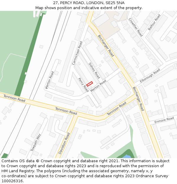 27, PERCY ROAD, LONDON, SE25 5NA: Location map and indicative extent of plot