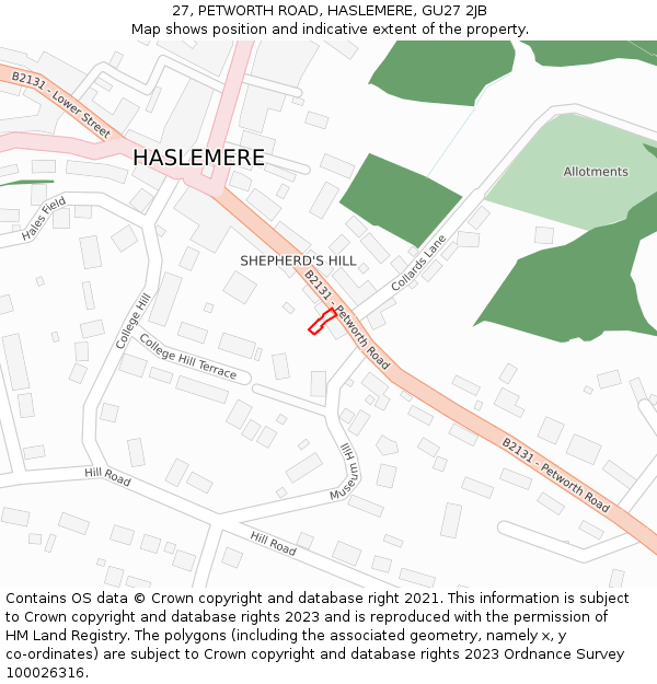 27, PETWORTH ROAD, HASLEMERE, GU27 2JB: Location map and indicative extent of plot