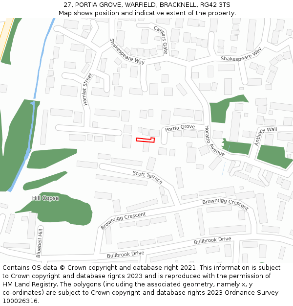 27, PORTIA GROVE, WARFIELD, BRACKNELL, RG42 3TS: Location map and indicative extent of plot