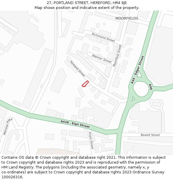 27, PORTLAND STREET, HEREFORD, HR4 9JE: Location map and indicative extent of plot