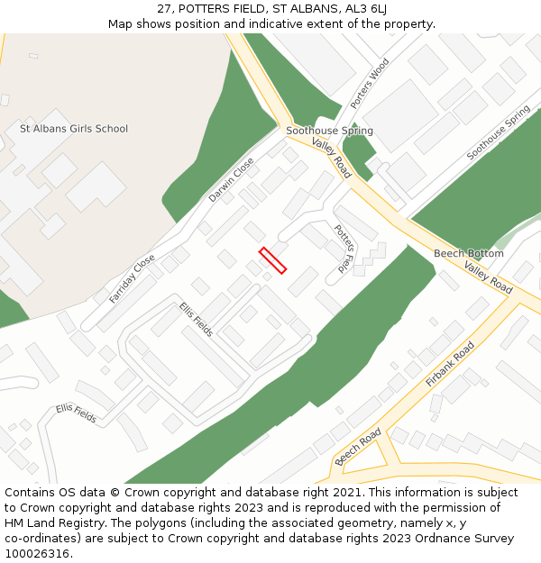 27, POTTERS FIELD, ST ALBANS, AL3 6LJ: Location map and indicative extent of plot