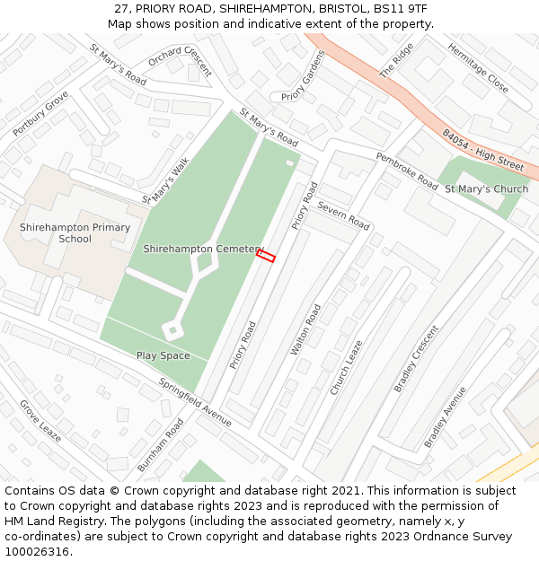 27, PRIORY ROAD, SHIREHAMPTON, BRISTOL, BS11 9TF: Location map and indicative extent of plot