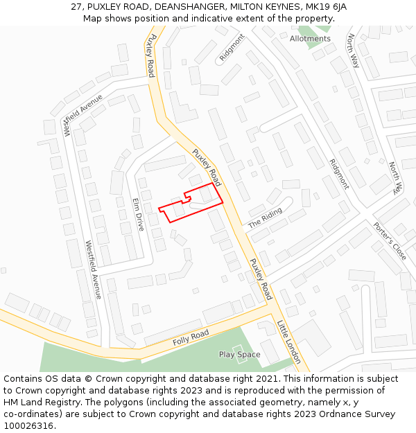 27, PUXLEY ROAD, DEANSHANGER, MILTON KEYNES, MK19 6JA: Location map and indicative extent of plot