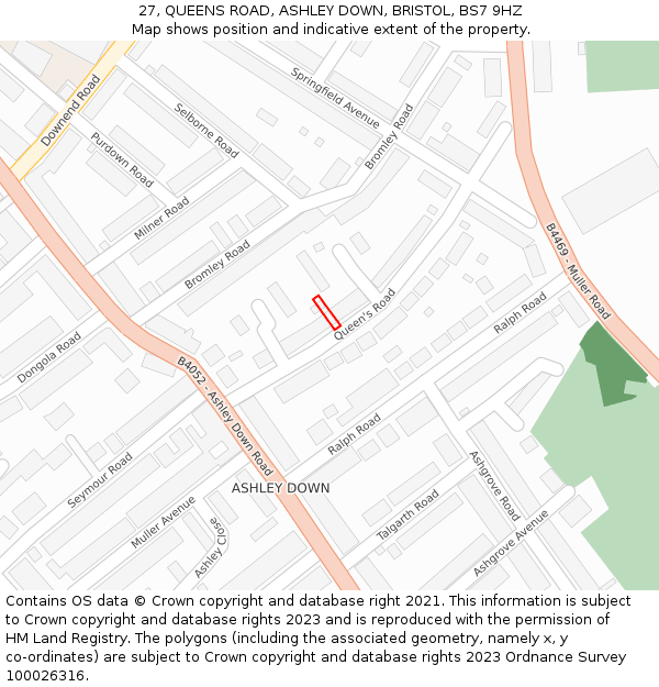 27, QUEENS ROAD, ASHLEY DOWN, BRISTOL, BS7 9HZ: Location map and indicative extent of plot