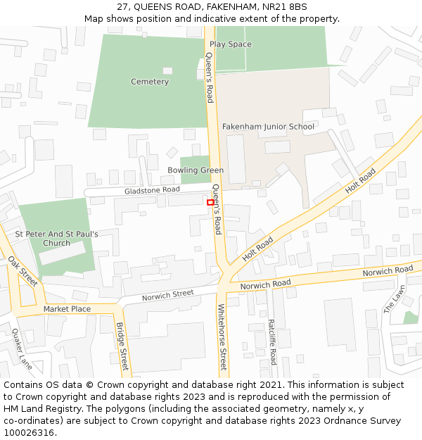 27, QUEENS ROAD, FAKENHAM, NR21 8BS: Location map and indicative extent of plot