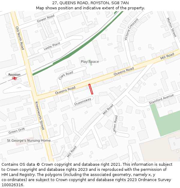 27, QUEENS ROAD, ROYSTON, SG8 7AN: Location map and indicative extent of plot