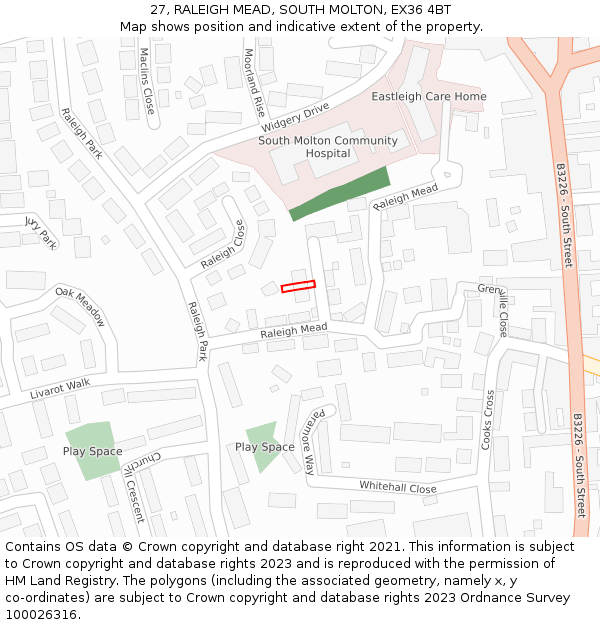 27, RALEIGH MEAD, SOUTH MOLTON, EX36 4BT: Location map and indicative extent of plot