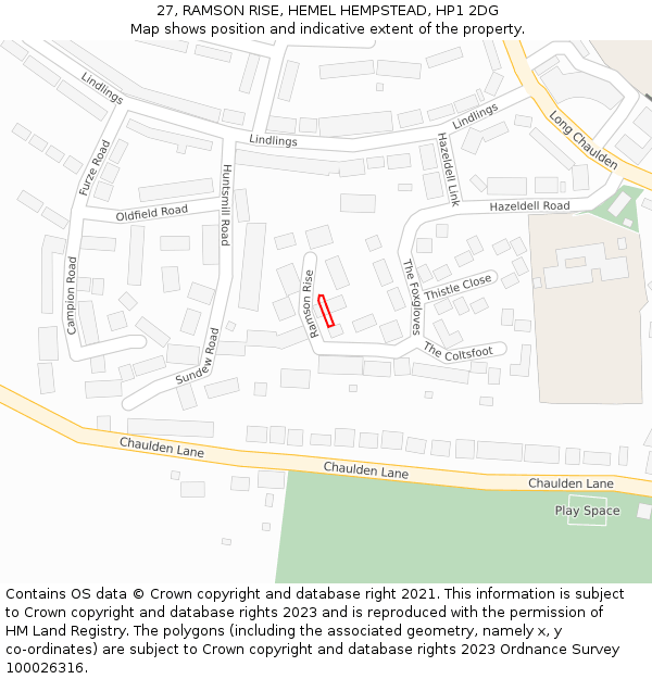 27, RAMSON RISE, HEMEL HEMPSTEAD, HP1 2DG: Location map and indicative extent of plot