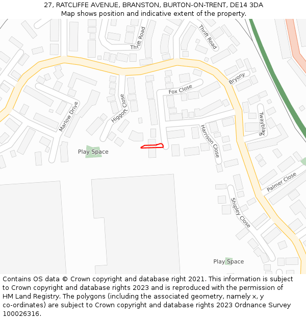27, RATCLIFFE AVENUE, BRANSTON, BURTON-ON-TRENT, DE14 3DA: Location map and indicative extent of plot