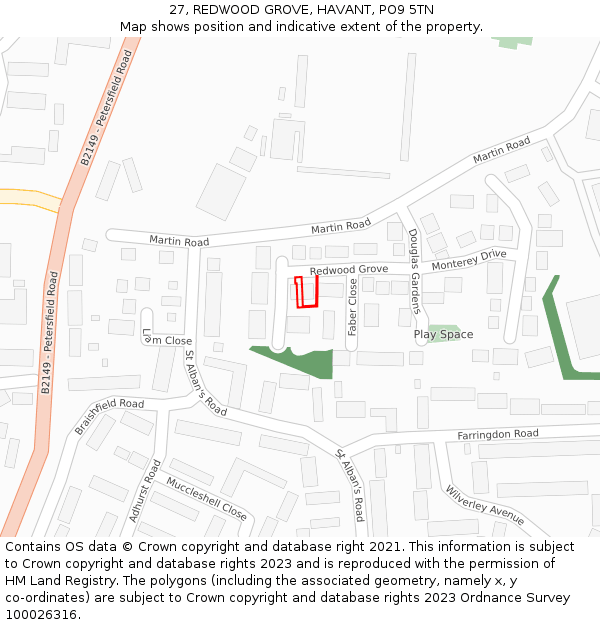 27, REDWOOD GROVE, HAVANT, PO9 5TN: Location map and indicative extent of plot