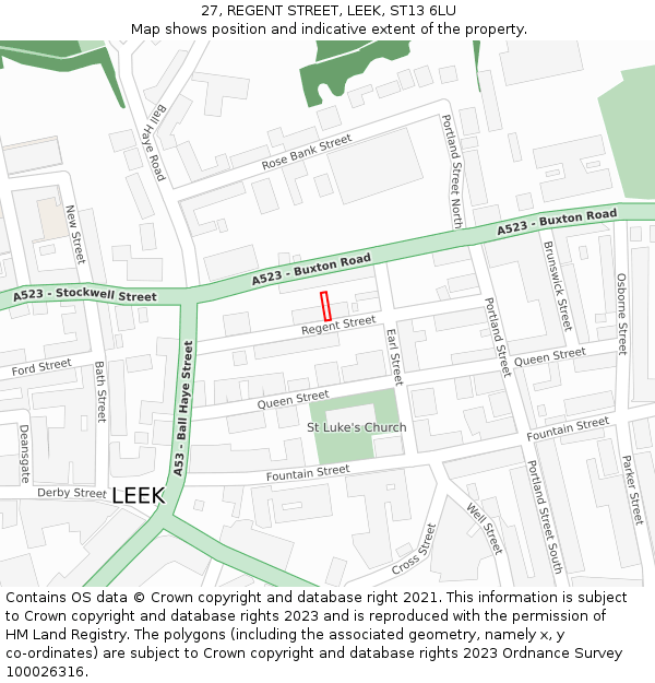 27, REGENT STREET, LEEK, ST13 6LU: Location map and indicative extent of plot