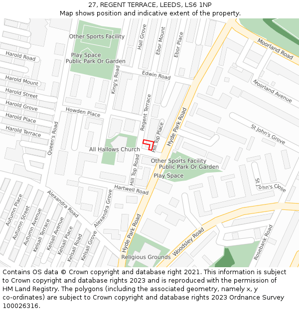 27, REGENT TERRACE, LEEDS, LS6 1NP: Location map and indicative extent of plot