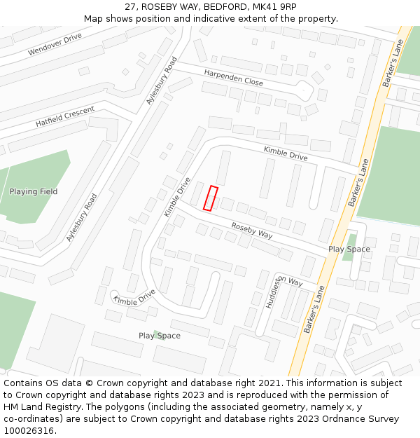 27, ROSEBY WAY, BEDFORD, MK41 9RP: Location map and indicative extent of plot