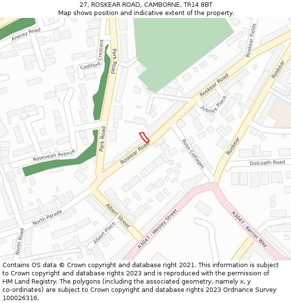 27, ROSKEAR ROAD, CAMBORNE, TR14 8BT: Location map and indicative extent of plot