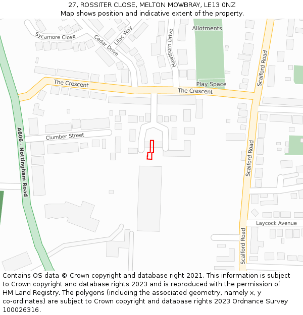 27, ROSSITER CLOSE, MELTON MOWBRAY, LE13 0NZ: Location map and indicative extent of plot