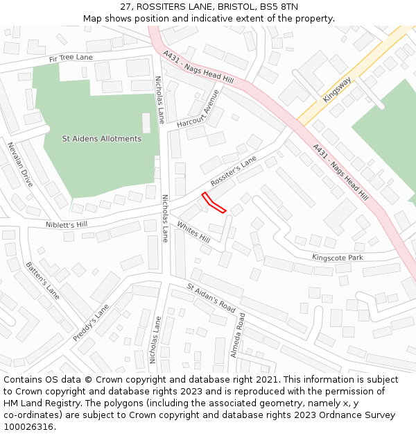 27, ROSSITERS LANE, BRISTOL, BS5 8TN: Location map and indicative extent of plot