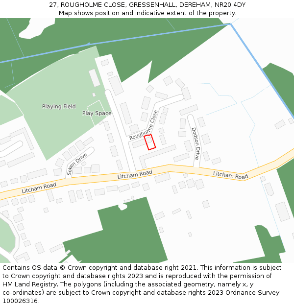27, ROUGHOLME CLOSE, GRESSENHALL, DEREHAM, NR20 4DY: Location map and indicative extent of plot