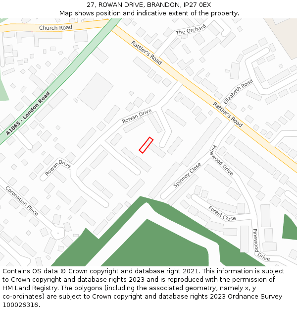 27, ROWAN DRIVE, BRANDON, IP27 0EX: Location map and indicative extent of plot