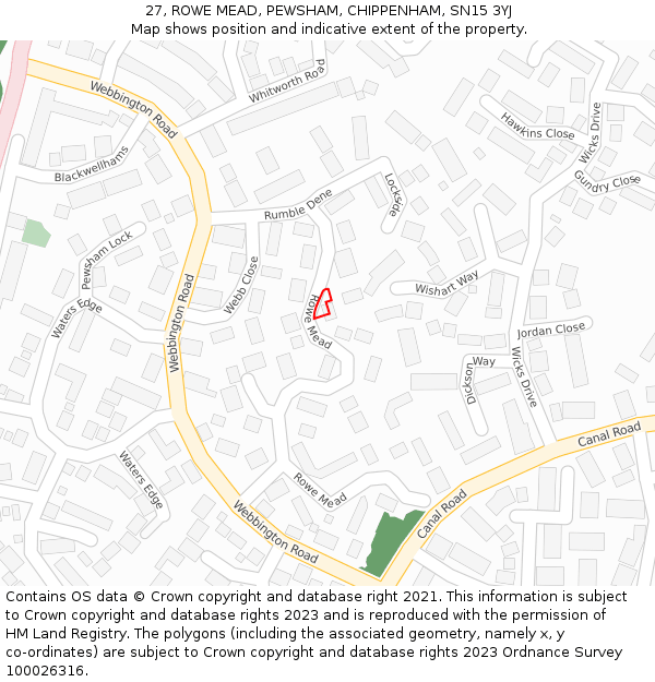 27, ROWE MEAD, PEWSHAM, CHIPPENHAM, SN15 3YJ: Location map and indicative extent of plot