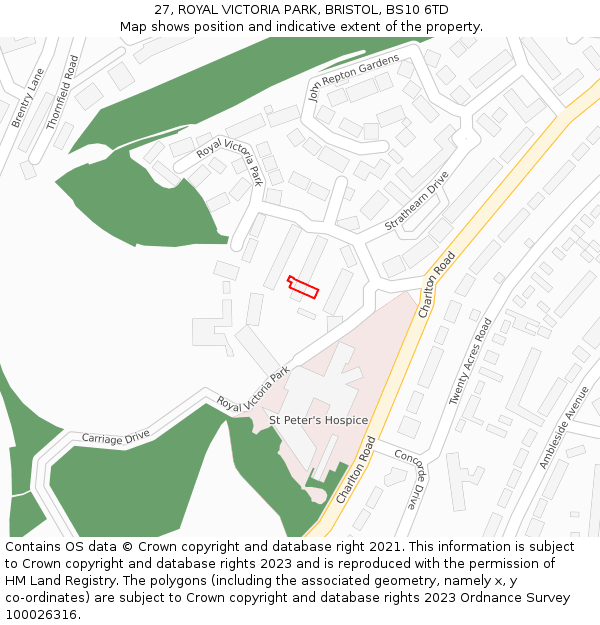 27, ROYAL VICTORIA PARK, BRISTOL, BS10 6TD: Location map and indicative extent of plot