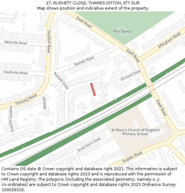 27, RUSHETT CLOSE, THAMES DITTON, KT7 0UR: Location map and indicative extent of plot