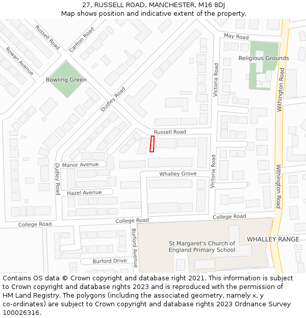 27, RUSSELL ROAD, MANCHESTER, M16 8DJ: Location map and indicative extent of plot