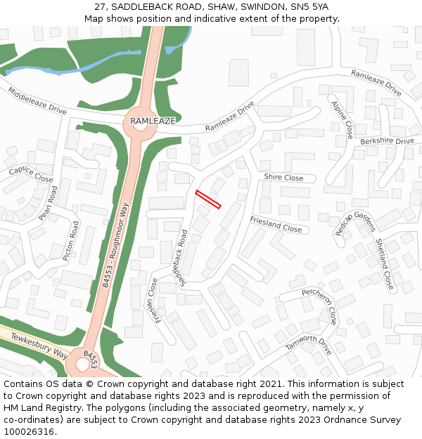 27, SADDLEBACK ROAD, SHAW, SWINDON, SN5 5YA: Location map and indicative extent of plot