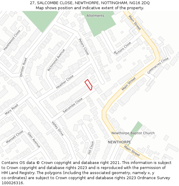 27, SALCOMBE CLOSE, NEWTHORPE, NOTTINGHAM, NG16 2DQ: Location map and indicative extent of plot