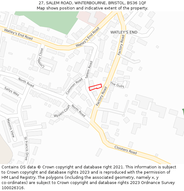 27, SALEM ROAD, WINTERBOURNE, BRISTOL, BS36 1QF: Location map and indicative extent of plot