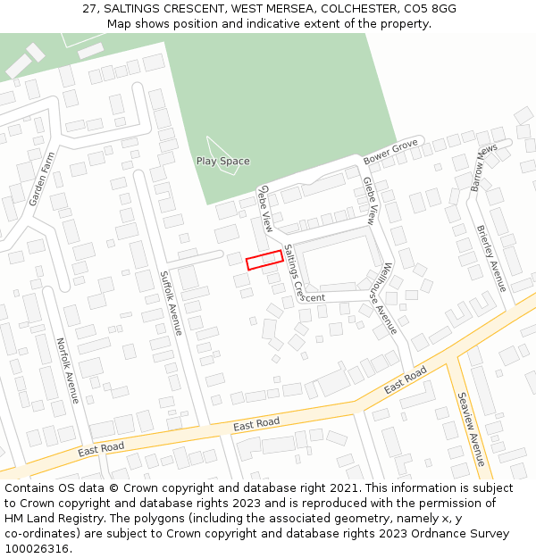 27, SALTINGS CRESCENT, WEST MERSEA, COLCHESTER, CO5 8GG: Location map and indicative extent of plot