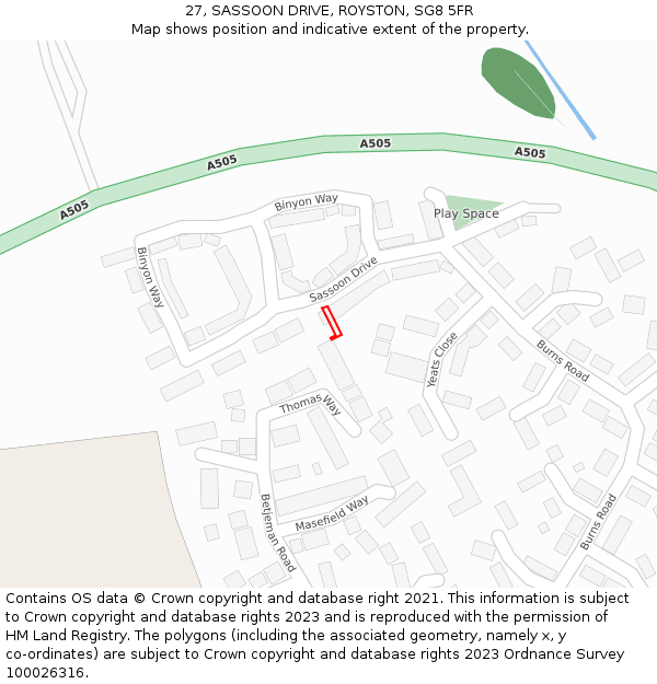 27, SASSOON DRIVE, ROYSTON, SG8 5FR: Location map and indicative extent of plot