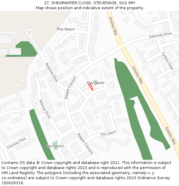 27, SHEARWATER CLOSE, STEVENAGE, SG2 9RY: Location map and indicative extent of plot